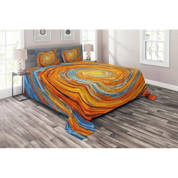 Ambesonne Fractal Quilted Coverlet 3 Pcs, Colorful Hippie Style, King Size, Orange Blue