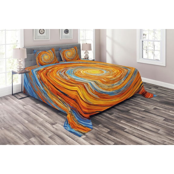 Ambesonne Fractal Quilted Coverlet 3 Pcs, Colorful Hippie Style, Queen Size, Orange Blue