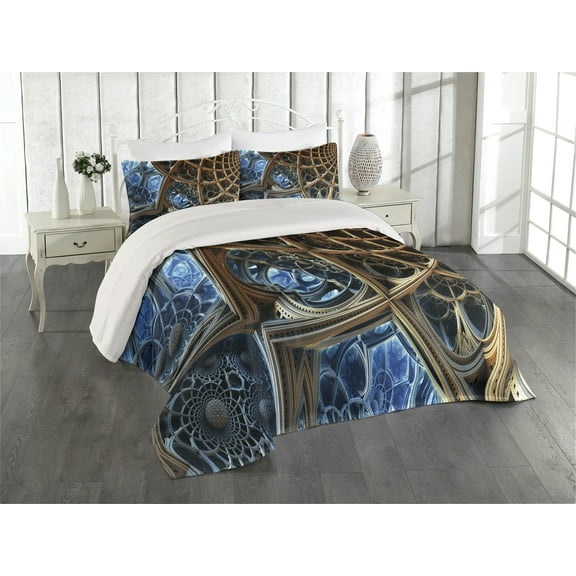 Ambesonne Fractal Quilted Coverlet 3 Pcs, Retro Motif, Queen Size, Brown Blue