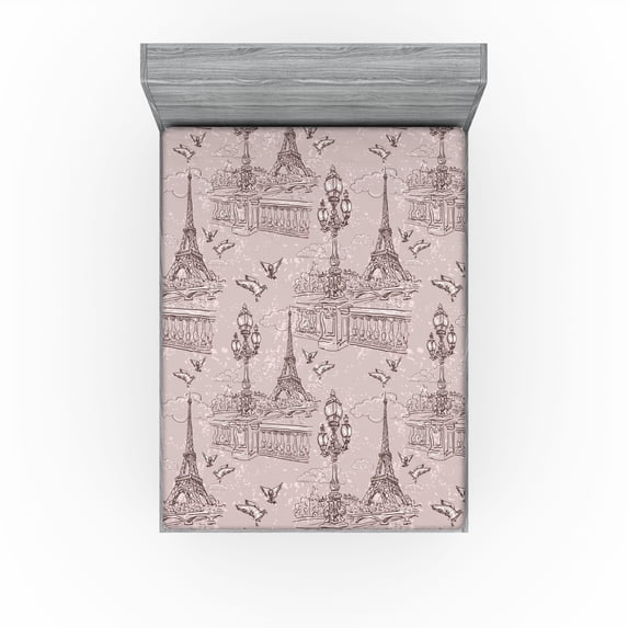 Ambesonne France Fitted Sheet, Eiffel Towers Streetlights, California King, Pale Rose Dark Mauve