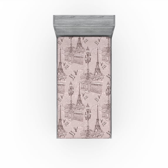 Ambesonne France Fitted Sheet, Eiffel Towers Streetlights, Twin Size, Pale Rose Dark Mauve