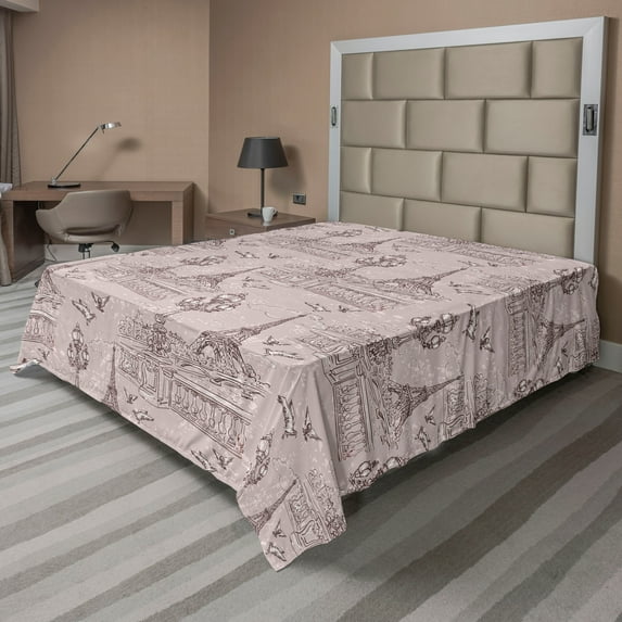 Ambesonne France Flat Bedding Sheet Soft Top Sheet, Eiffel Towers Streetlights, California King, Pale Rose Dark Mauve