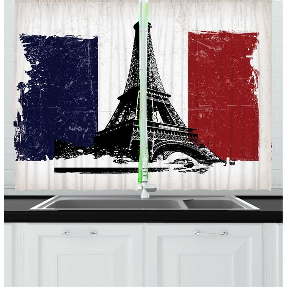 Ambesonne France Kitchen Curtains, Grunge Flag Eiffel Tower, 55"x45", Coconut Vermilion