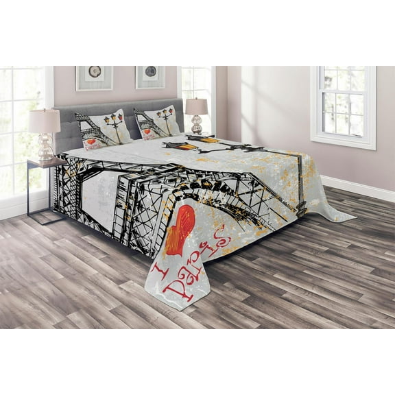 Ambesonne France Quilted Coverlet 3 Pcs, Grunge Eiffel Europe, King Size, Yellow Black and Red
