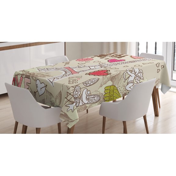 Ambesonne France Tablecloth Rectangular Table Cover, Doodle Eiffel Tower Love, 52"x70", Beige Pink