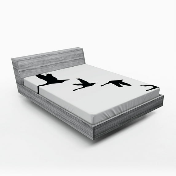 Ambesonne Freedom Fitted Sheet, Group of Flying Birds, Full Size, Black White