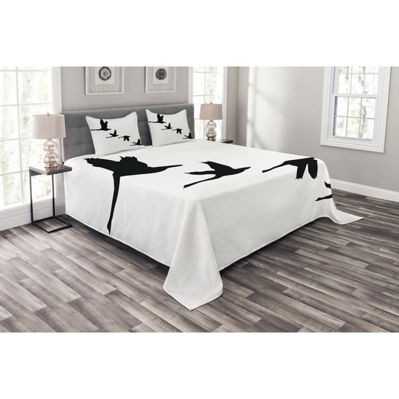 Ambesonne Freedom Quilted Bedspread Set 3 Pcs, Group of Flying Birds, Queen Size, Black White