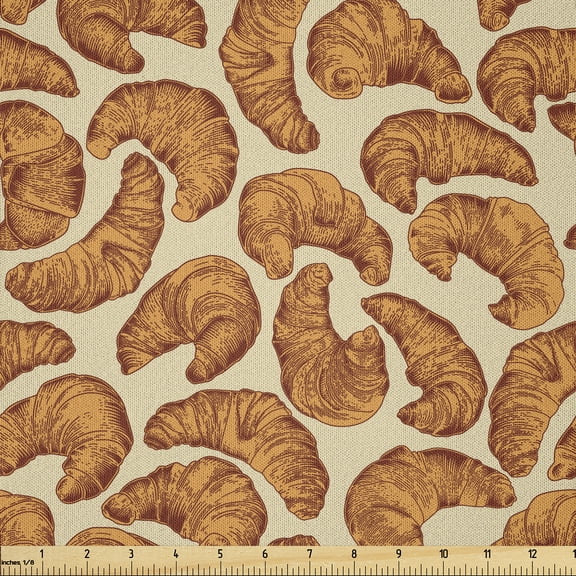 Ambesonne French Cafe Fabric by the Yard Microfiber, Croissants Bakery Theme, 2 Yards, Beige Apricot and Rust