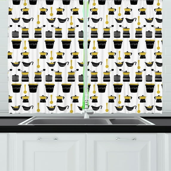 Ambesonne French Cafe Kitchen Curtains, Sketchy Coffee Lover, 55"x45", Pale Earth Yellow and Black