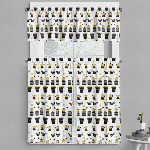 Ambesonne French Cafe Valance & Curtain, Sketchy Coffee Lover, 55"x24", Pale Earth Yellow and Black