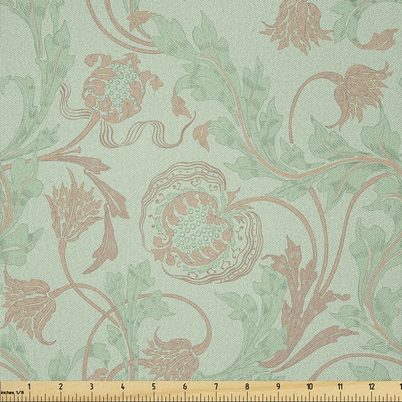 Ambesonne French Floral Fabric by the Yard Microfiber, Folkloric Bohemian, 1 Yard, Pale Green and Almond