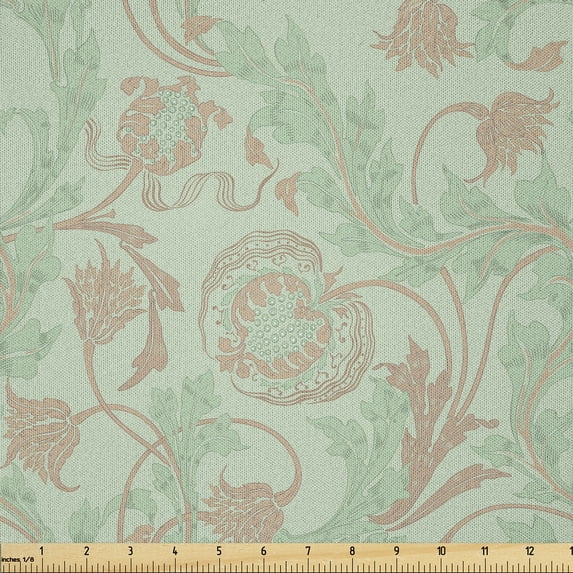 Ambesonne French Floral Fabric by the Yard Microfiber, Folkloric Bohemian, 2 Yards, Pale Green and Almond