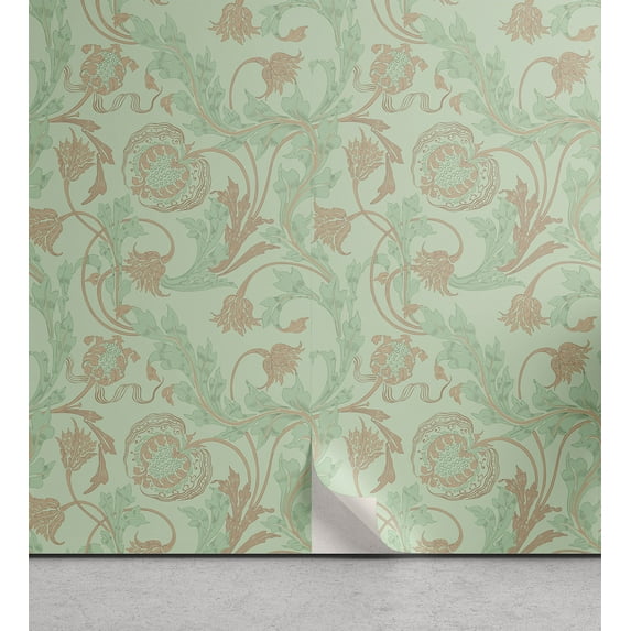 Ambesonne French Floral Peel & Stick Wallpaper for Home, Folkloric Bohemian, 13"x100", Pale Green and Almond