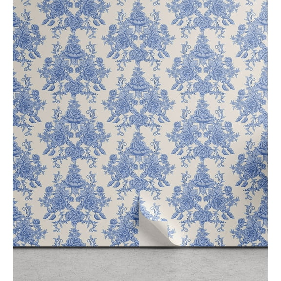 Ambesonne French Floral Peel & Stick Wallpaper for Home, Traditional Flower, 13"x100", Eggshell and Ceil Blue