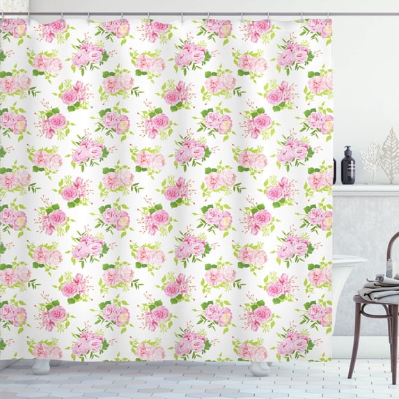 Ambesonne French Floral Shower Curtain, Blossoming Peonies, 69"Wx84"L, Lime Green and Pink