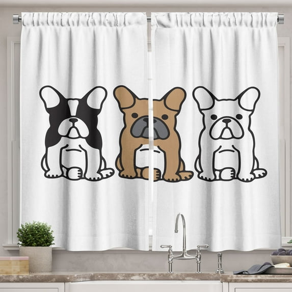 Ambesonne French Kitchen Curtains, Bulldog Domestic Pet Art, 55"x36", Dark Grey Camel White