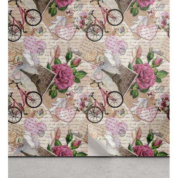 Ambesonne French Peel & Stick Wallpaper for Home, Vintage Rose Flowers City, 13"x72", Pink Camel Multicolor