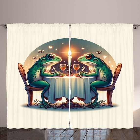 Ambesonne Frog Curtains 2 Panel Set, Croaker Couple Romantic Dinner, 108" x 84", Fern Green White Brown
