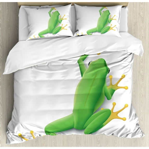 Ambesonne Frog Duvet Cover Set, Tropic Frog in Nature, Calking, Green White Yellow