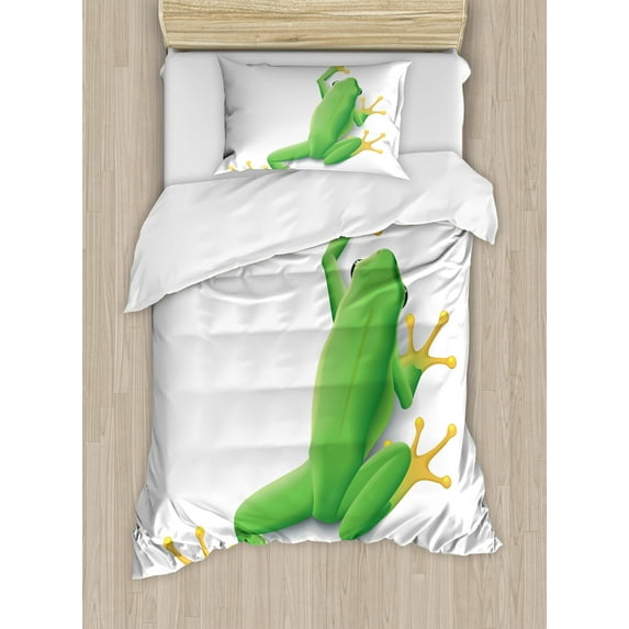 Ambesonne Frog Duvet Cover Set, Tropic Frog in Nature, Twin, Green White Yellow