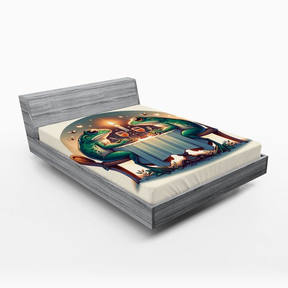 Ambesonne Frog Fitted Sheet, Croaker Couple Romantic Dinner, Queen Size, Fern Green White Brown