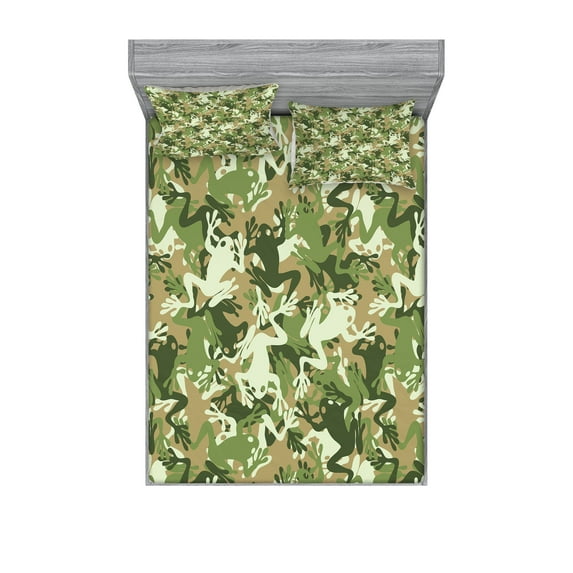 Ambesonne Frog Fitted Sheet & Pillow Sham Set, Skull Camouflage Design, Queen, Sage Pine Green