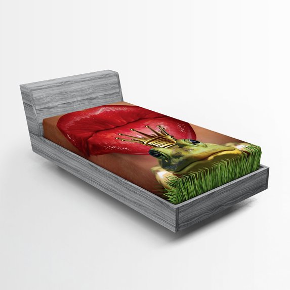 Ambesonne Frog Fitted Sheet, Prince, Twin Size, Green Red Yellow