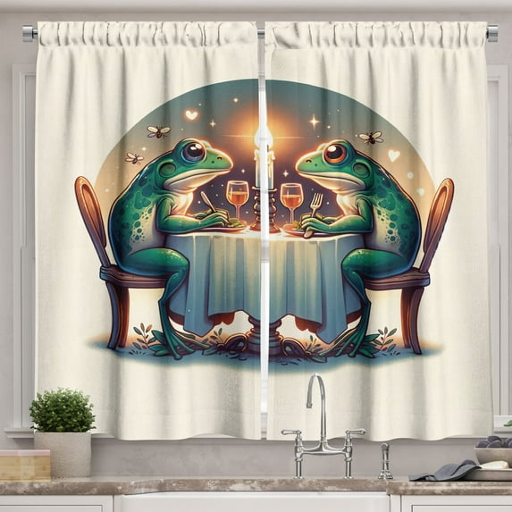 Ambesonne Frog Kitchen Curtains, Croaker Couple Romantic Dinner, 55"x45", Fern Green White Brown