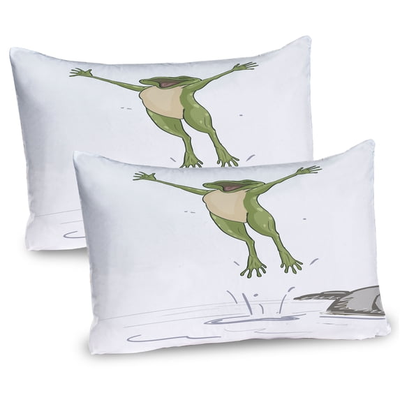 Ambesonne Frog Pillow Sham 2 Pack, Happy Jumping Toad Humor, 30"x20", Olive Green Grey