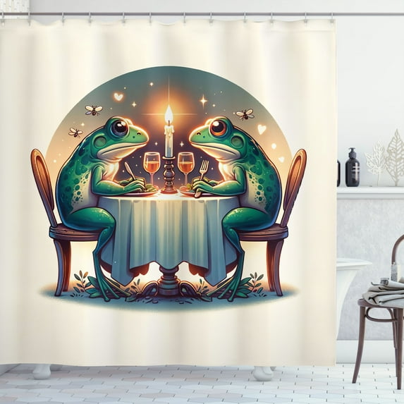 Ambesonne Frog Shower Curtain, Croaker Couple Romantic Dinner, 69"Wx84"L, Fern Green White Brown