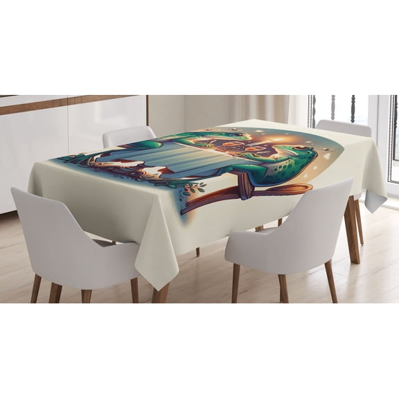 Ambesonne Frog Tablecloth Rectangular Table Cover, Croaker Couple Romantic Dinner, 52"x70", Fern Green White Brown