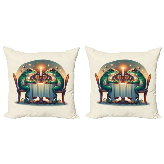Ambesonne Frog Throw Pillow Cover 2 Pack, Croaker Couple Romantic Dinner, 24", Fern Green White Brown