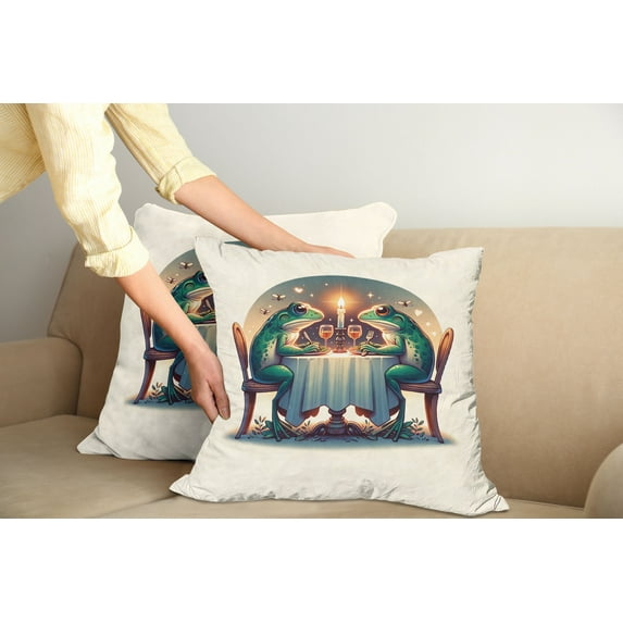 Ambesonne Frog Throw Pillow Cover Pack of 2, Croaker Couple Romantic Dinner, 2 Pcs-28"x28", Fern Green White Brown