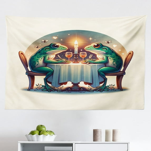 Ambesonne Frog Wall Hanging Tapestry, Croaker Couple Romantic Dinner, 45"x30", Fern Green White Brown
