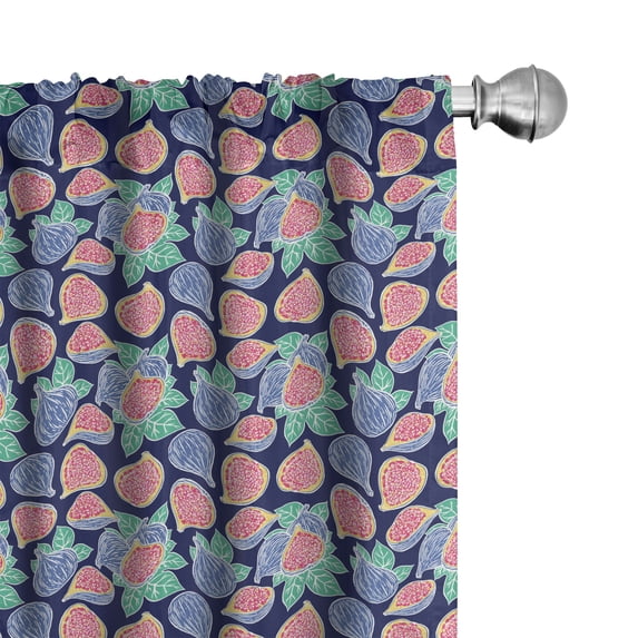 Ambesonne Fruit Window Curtains, Ripe Figs and Leaves Motif, Each 28" W x 63" L, Dark Blue Multicolor