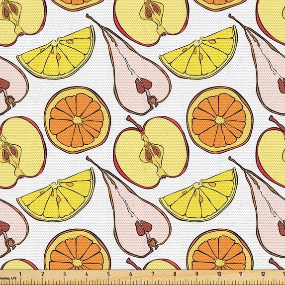 Ambesonne Fruit Art Fabric by the Yard Upholstery, Orange Apple Pear Lemon, 2 Yards, Orange Earth Yellow