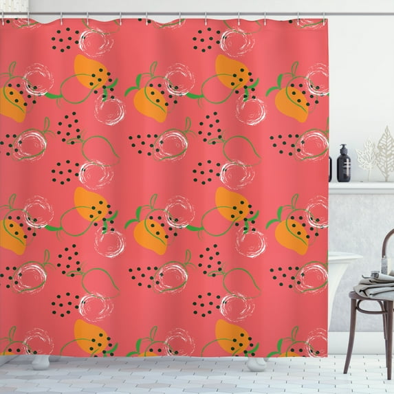 Ambesonne Fruit Art Shower Curtain, Repeated Exotic Mango, 69"Wx75"L, Coral Marigold Fern Green