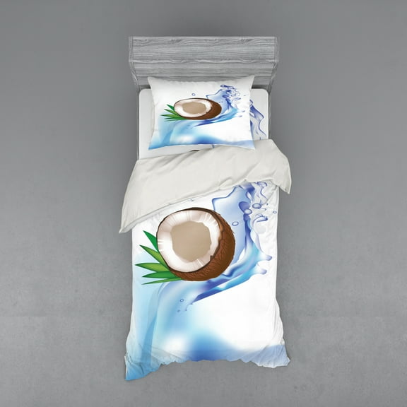 Ambesonne Fruit Bedding Set 3 Pcs, Broken Coconut and Leaves, Twin, Multicolor