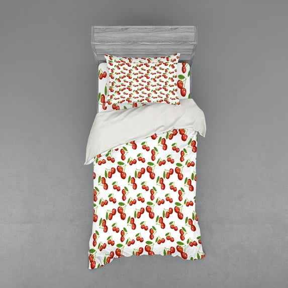 Ambesonne Fruit Bedding Set 3 Pcs, Cherry Fruit Pattern, Twin XL, White Vermilion Green