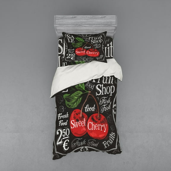 Ambesonne Fruit Bedding Set 3 Pcs, Sketch Style Ripe Cherry, Twin XL, Multicolor