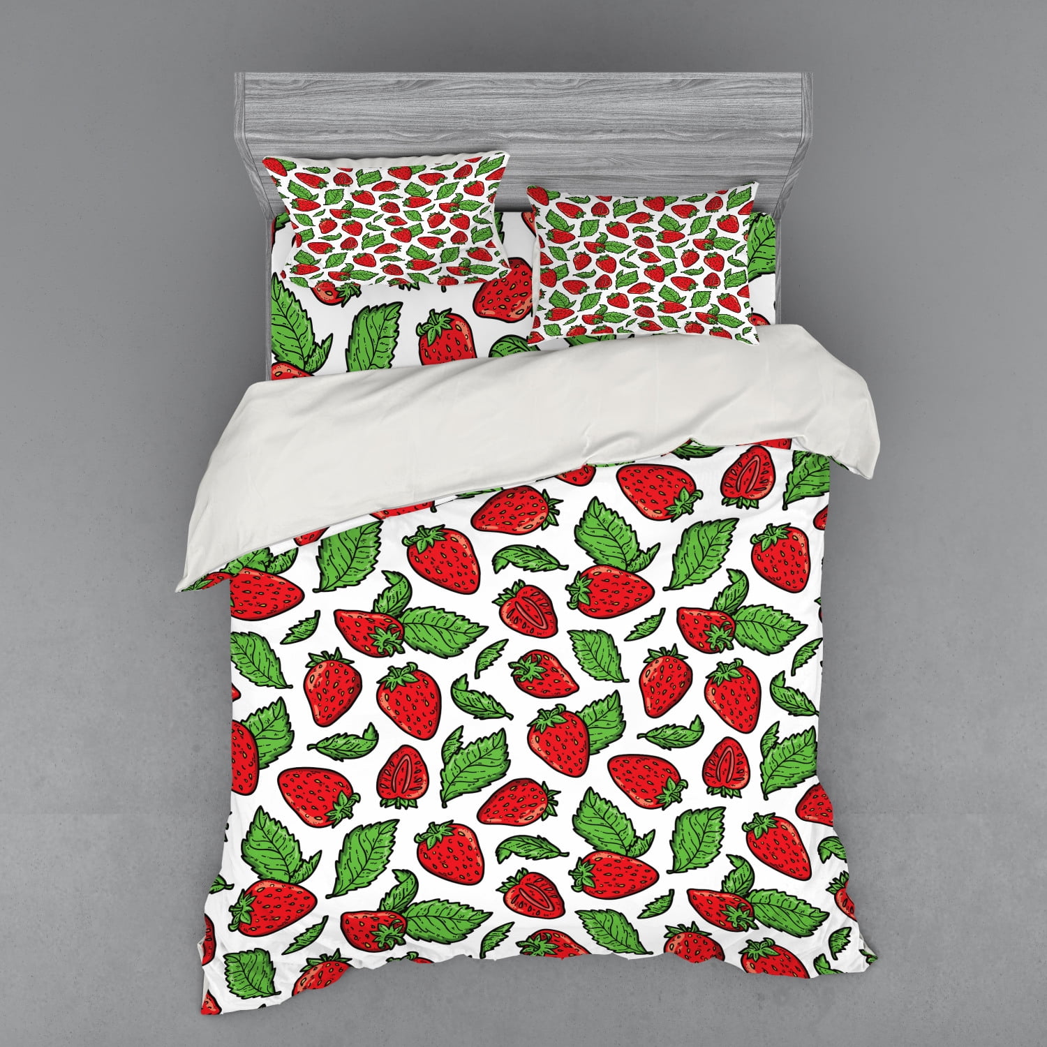 Queen Red and Green Strawberry Floral Duvet Cover Set