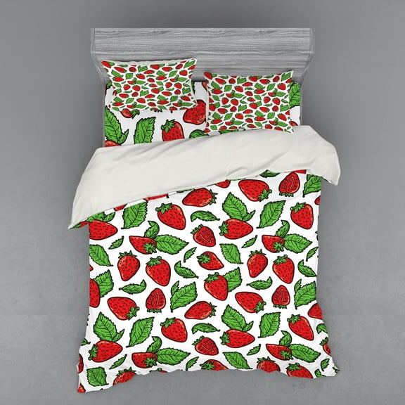 Ambesonne Fruit Bedding Set 4 Pcs, Juicy Strawberries Leaves, Queen, Red Fern Green