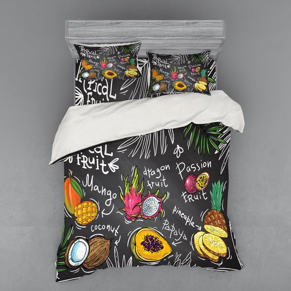 Ambesonne Fruit Bedding Set 4 Pcs, Mango Dragon Fruit Papaya, Queen, Multicolor