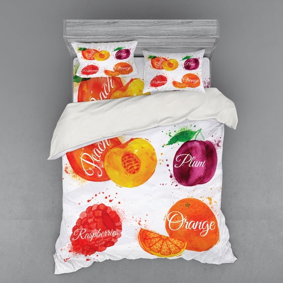 Ambesonne Fruit Bedding Set 4 Pcs, Peach Raspberry and Plum, Queen, Multicolor