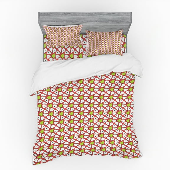 Ambesonne Fruit Bedding Set 4 Pcs, Pears and Funky Polka Dots, Queen, Dark Coral Apple Green