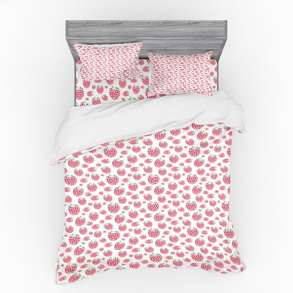 Ambesonne Fruit Bedding Set 4 Pcs, Raspberries Pattern, Queen, Dark Coral Fern Green