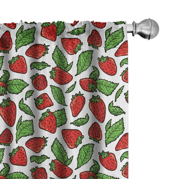 Ambesonne Fruit Curtains, Juicy Strawberries Leaves, Pair of 28"x63", Red Fern Green