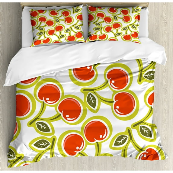 Ambesonne Fruit Duvet Cover Set, Cherry and Leaves Pattern, King, Apple Green Red White