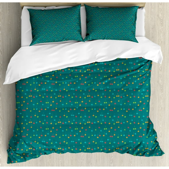 Ambesonne Fruit Duvet Cover Set, Colorful Cherries Art Design, 2-Calking, Dark Teal and Multicolor