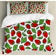thumbnail image 1 of Ambesonne Fruit Duvet Cover Set, Juicy Strawberries Leaves, 2-Calking, Red Fern Green, 1 of 3